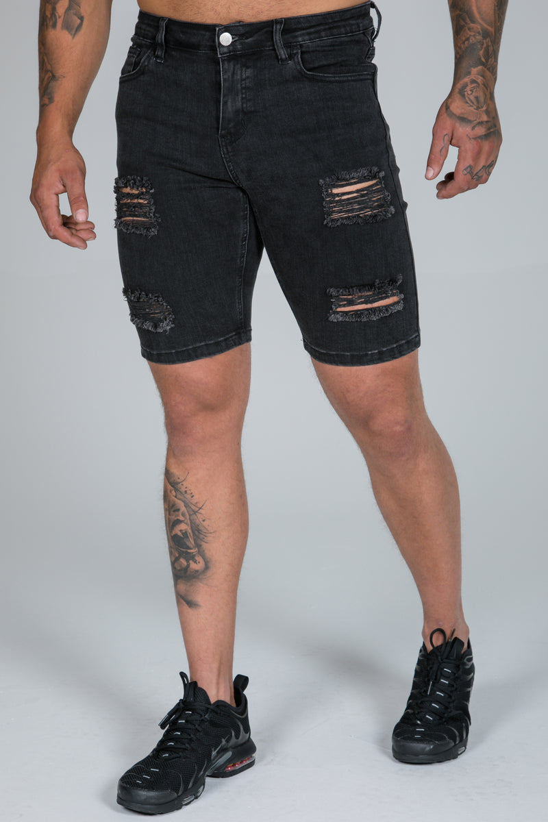Denim Shorts – Charcoal Ripped & Repaired